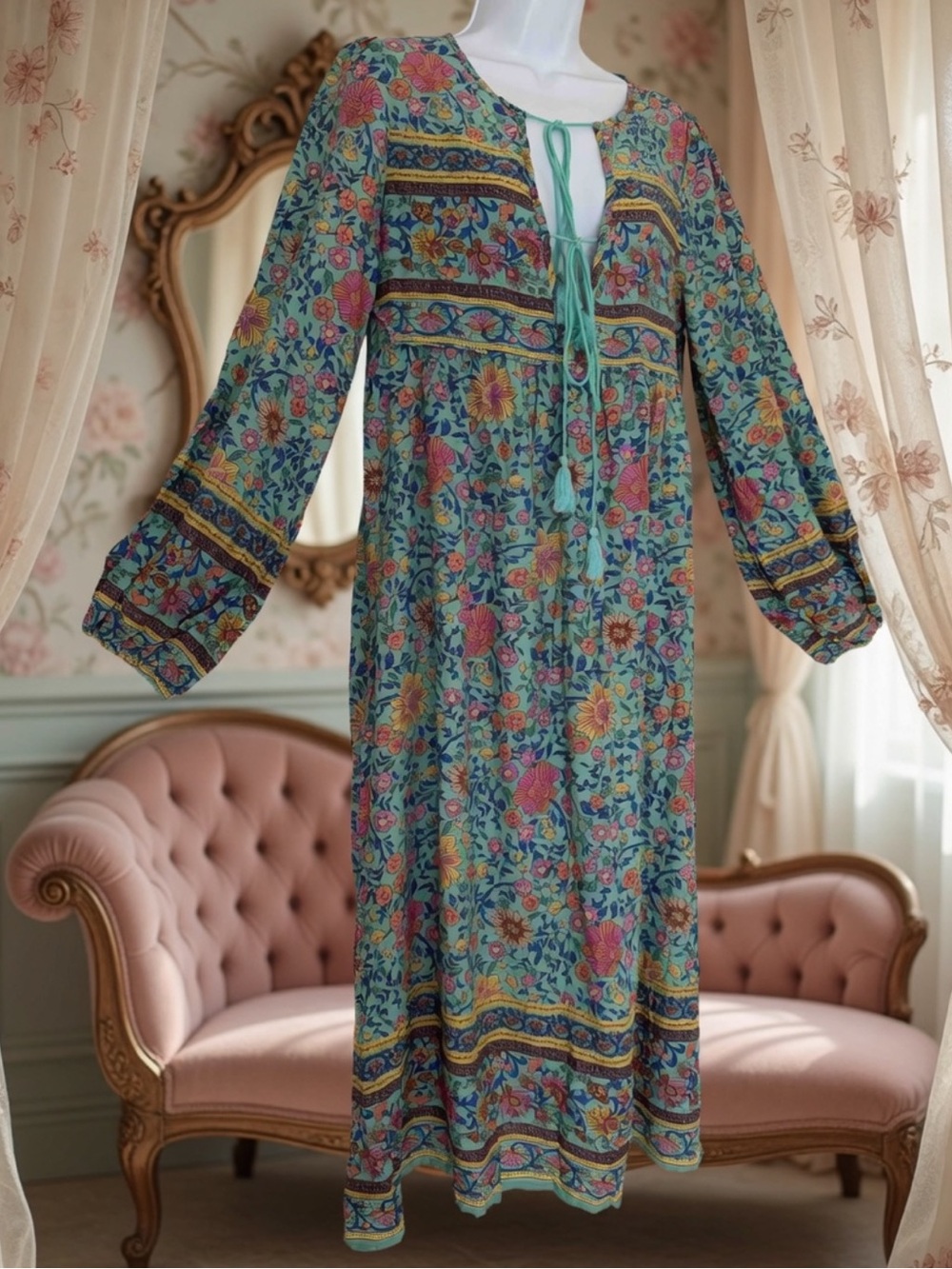 Free People FP to Love / Homemade Teal Pink Orange Floral Boho Midi Dress L NWT